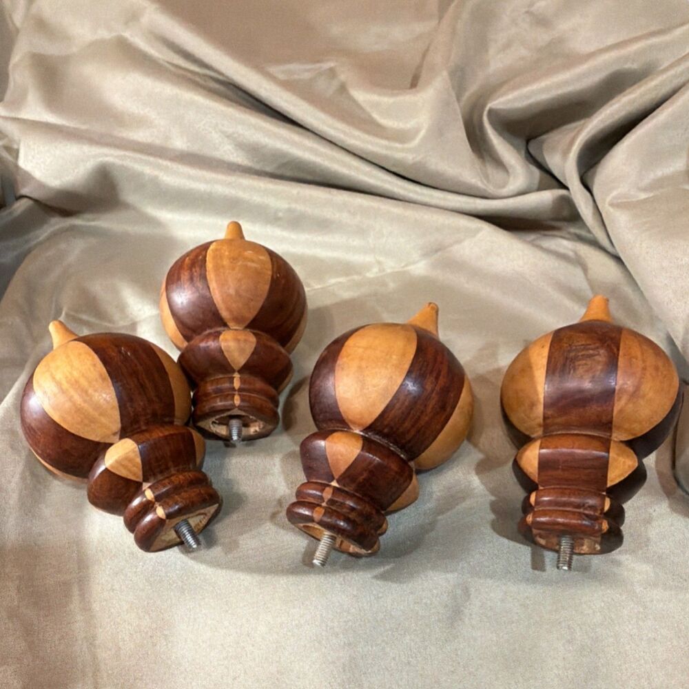 Set of 4 Geometric Turned Wood Finials Two-Tone Brown, 4 1/2 Inch Length